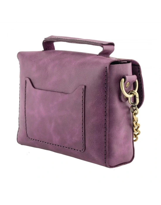 İsme Özel Çıtçıtlı Zincirli Küçük Boy El Omuz Çantası - %100 Deri - AC03001 - Mor