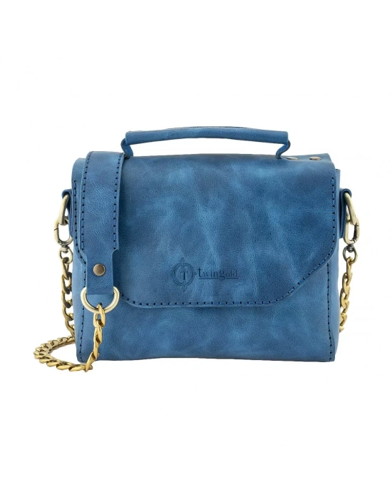 İsme Özel Çıtçıtlı Zincirli Küçük Boy El Omuz Çantası - %100 Deri - AC03001 - Saks Mavisi