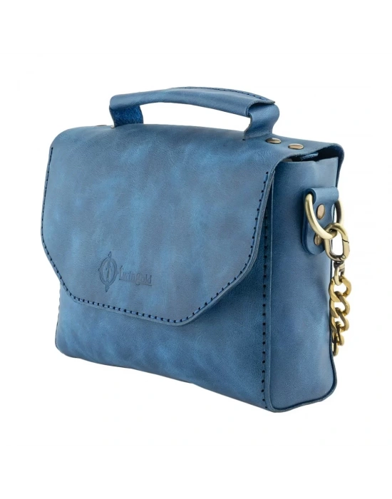 İsme Özel Çıtçıtlı Zincirli Küçük Boy El Omuz Çantası - %100 Deri - AC03001 - Saks Mavisi