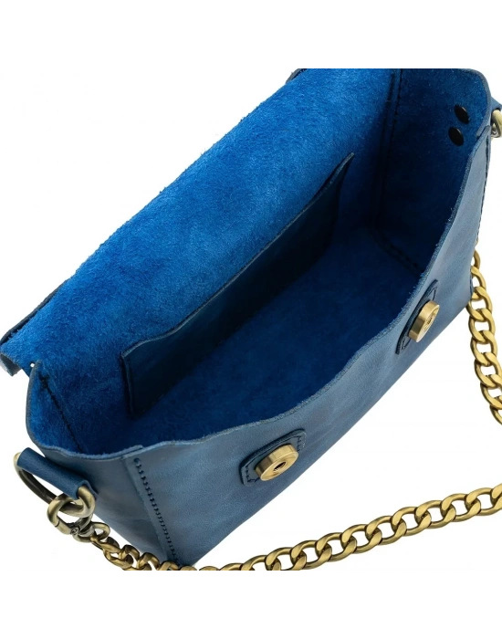 İsme Özel Çıtçıtlı Zincirli Küçük Boy El Omuz Çantası - %100 Deri - AC03001 - Saks Mavisi