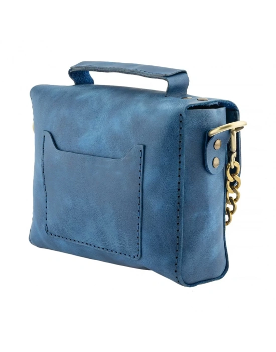 İsme Özel Çıtçıtlı Zincirli Küçük Boy El Omuz Çantası - %100 Deri - AC03001 - Saks Mavisi
