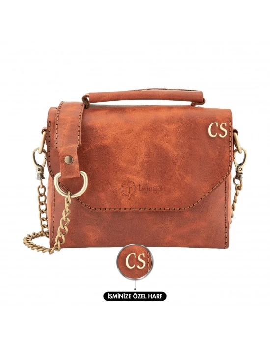 İsme Özel Çıtçıtlı Zincirli Küçük Boy El Omuz Çantası - %100 Deri - AC03001 - Tobacco