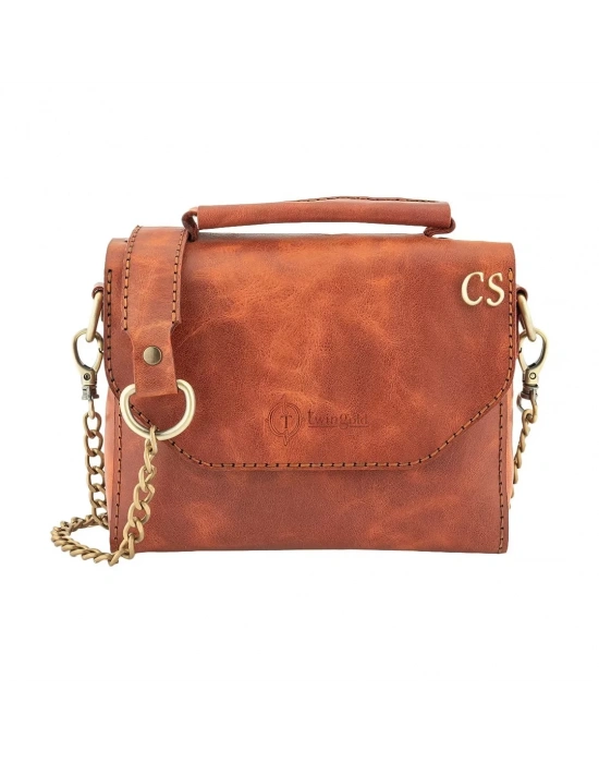İsme Özel Çıtçıtlı Zincirli Küçük Boy El Omuz Çantası - %100 Deri - AC03001 - Tobacco