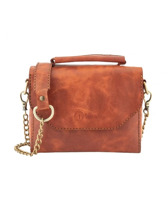 İsme Özel Çıtçıtlı Zincirli Küçük Boy El Omuz Çantası - %100 Deri - AC03001 - Tobacco