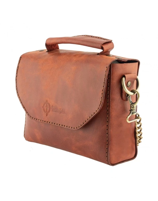 İsme Özel Çıtçıtlı Zincirli Küçük Boy El Omuz Çantası - %100 Deri - AC03001 - Tobacco