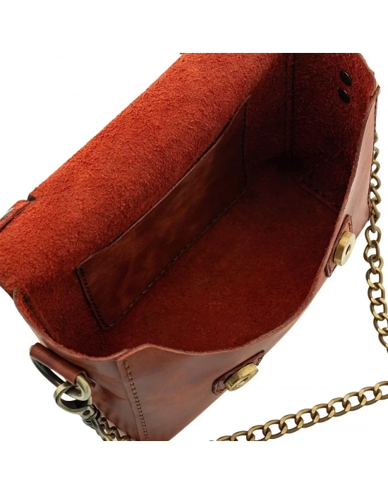 İsme Özel Çıtçıtlı Zincirli Küçük Boy El Omuz Çantası - %100 Deri - AC03001 - Tobacco