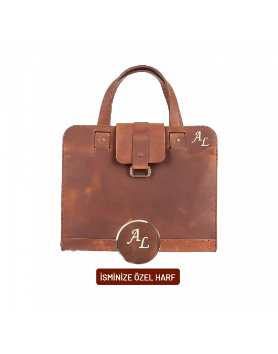 İsme Özel Crazy Büyük Boy Laptop Çantası - %100 Crazy Deri - AC09005 - Taba