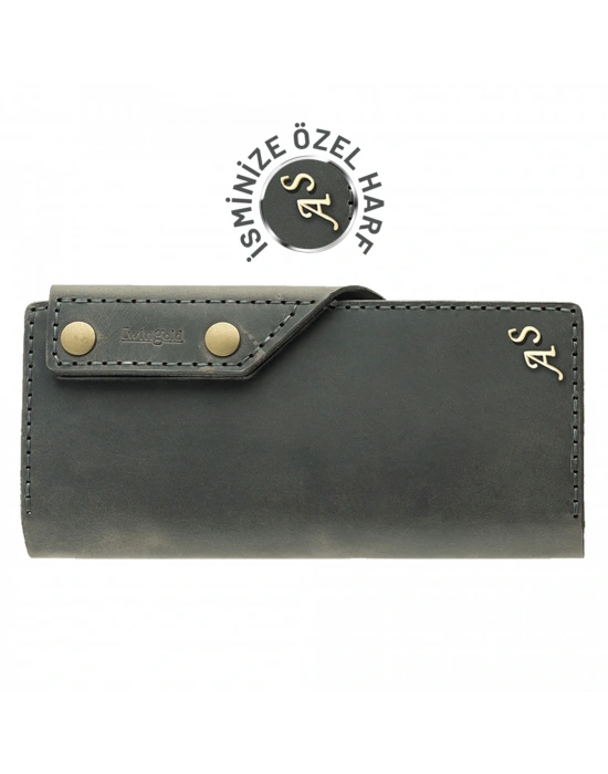 İsme Özel Dikey Çıtçıtlı Uzun Cüzdan - %100 Crazy Deri - A010002 - Antrasit