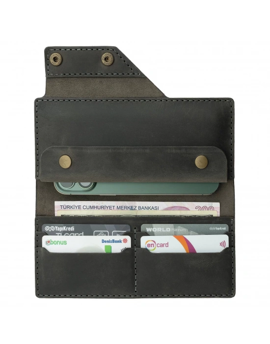 İsme Özel Dikey Çıtçıtlı Uzun Cüzdan - %100 Crazy Deri - A010002 - Antrasit