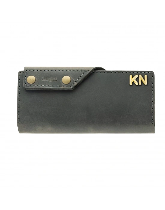 İsme Özel Dikey Çıtçıtlı Uzun Cüzdan - %100 Crazy Deri - A010002 - Antrasit