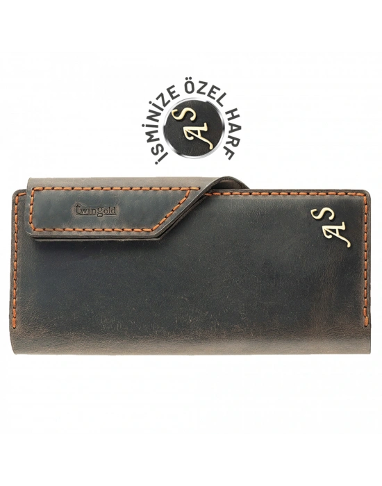 İsme Özel Dikey Çıtçıtlı Uzun Cüzdan - %100 Crazy Deri - A010002 - Kahverengi