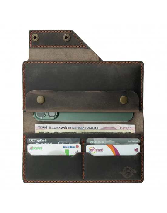 İsme Özel Dikey Çıtçıtlı Uzun Cüzdan - %100 Crazy Deri - A010002 - Kahverengi