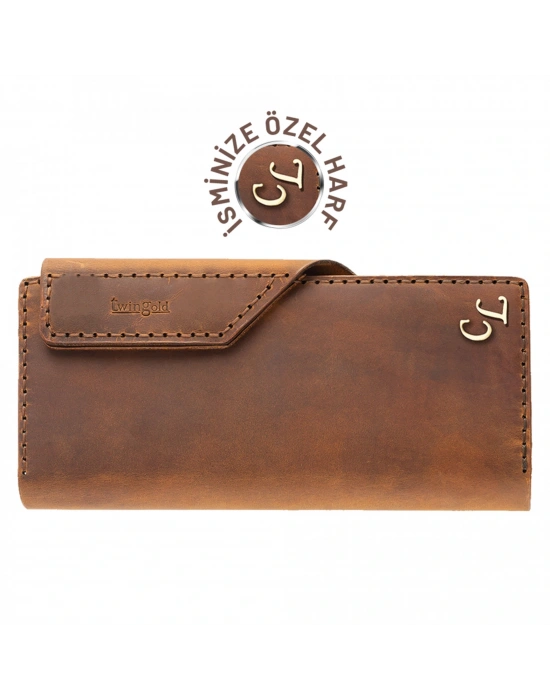 İsme Özel Dikey Çıtçıtlı Uzun Cüzdan - %100 Crazy Deri - A010002 - Taba