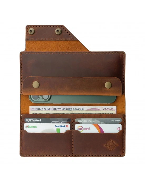 İsme Özel Dikey Çıtçıtlı Uzun Cüzdan - %100 Crazy Deri - A010002 - Taba