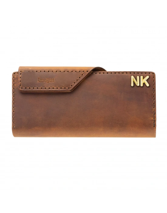 İsme Özel Dikey Çıtçıtlı Uzun Cüzdan - %100 Crazy Deri - A010002 - Taba