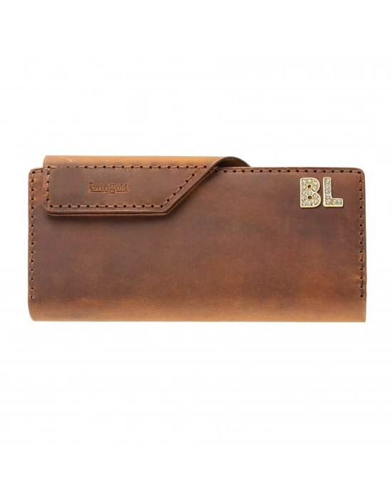 İsme Özel Dikey Çıtçıtlı Uzun Cüzdan - %100 Crazy Deri - A010002 - Taba