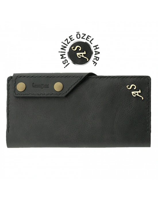 İsme Özel Dikey Çıtçıtlı Uzun Cüzdan - %100 Rainbow Deri - A010006 - Antrasit