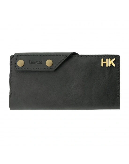 İsme Özel Dikey Çıtçıtlı Uzun Cüzdan - %100 Rainbow Deri - A010006 - Antrasit