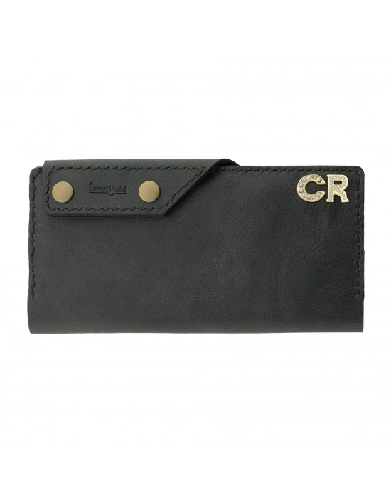 İsme Özel Dikey Çıtçıtlı Uzun Cüzdan - %100 Rainbow Deri - A010006 - Antrasit