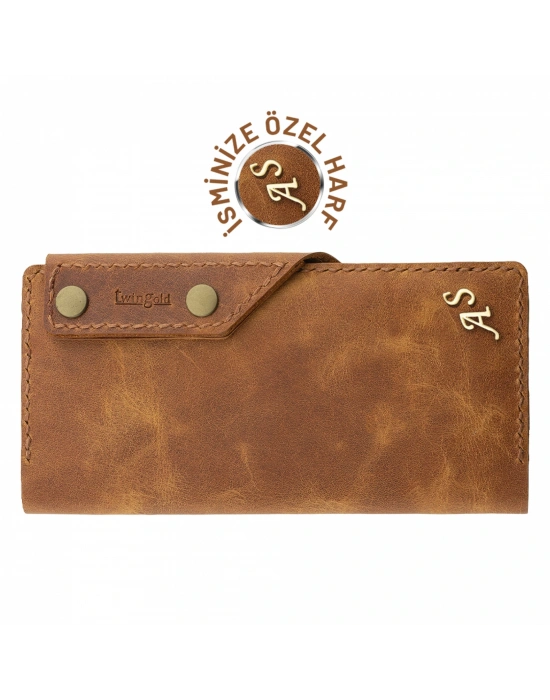 İsme Özel Dikey Çıtçıtlı Uzun Cüzdan - %100 Rainbow Deri - A010006 - Camel
