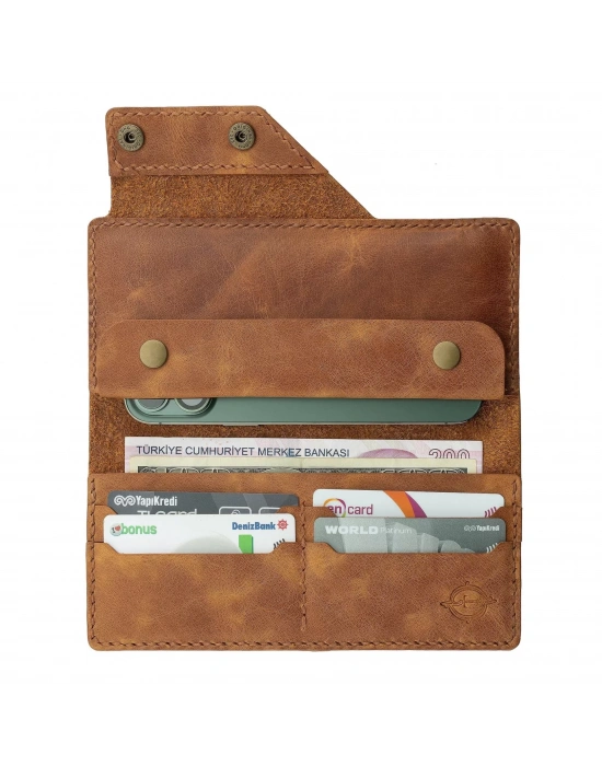 İsme Özel Dikey Çıtçıtlı Uzun Cüzdan - %100 Rainbow Deri - A010006 - Camel