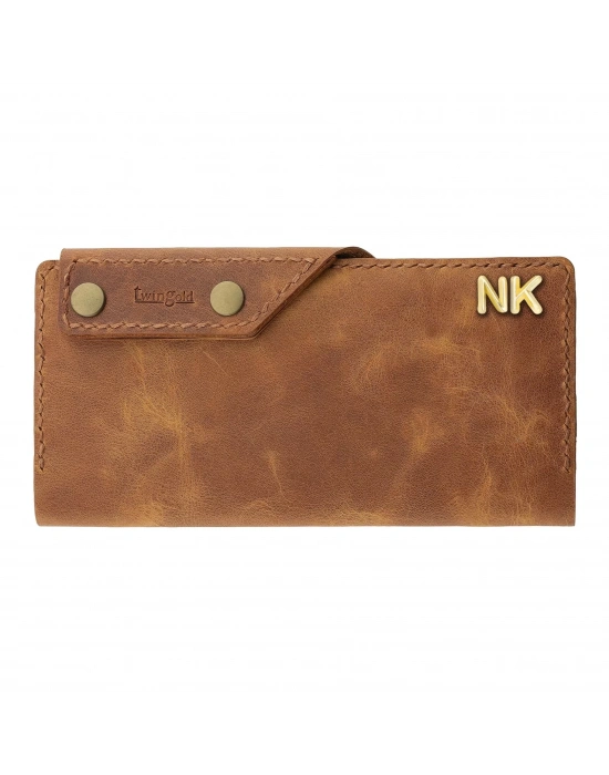 İsme Özel Dikey Çıtçıtlı Uzun Cüzdan - %100 Rainbow Deri - A010006 - Camel