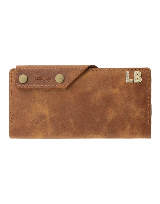İsme Özel Dikey Çıtçıtlı Uzun Cüzdan - %100 Rainbow Deri - A010006 - Camel