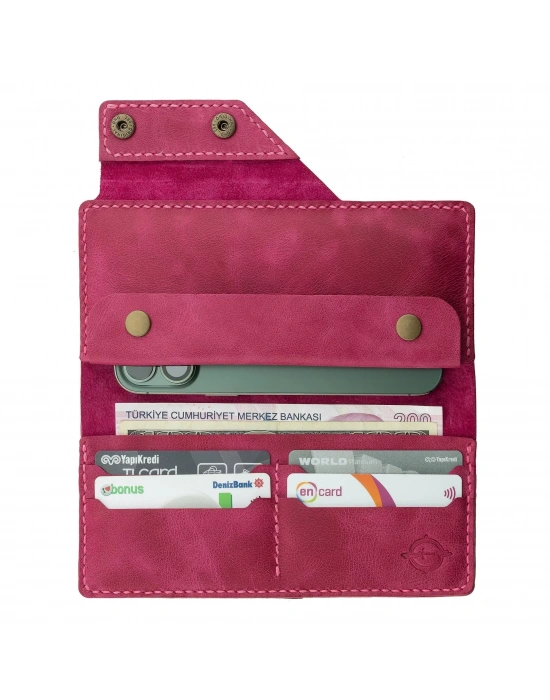 İsme Özel Dikey Çıtçıtlı Uzun Cüzdan - %100 Rainbow Deri - A010006 - Fuşya