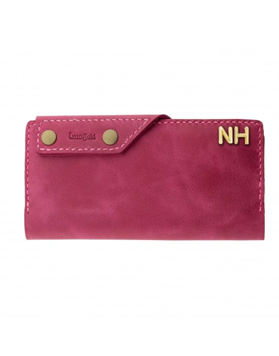 İsme Özel Dikey Çıtçıtlı Uzun Cüzdan - %100 Rainbow Deri - A010006 - Fuşya