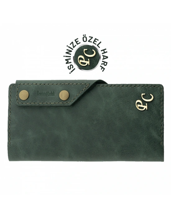 İsme Özel Dikey Çıtçıtlı Uzun Cüzdan - %100 Rainbow Deri - A010006 - Haki