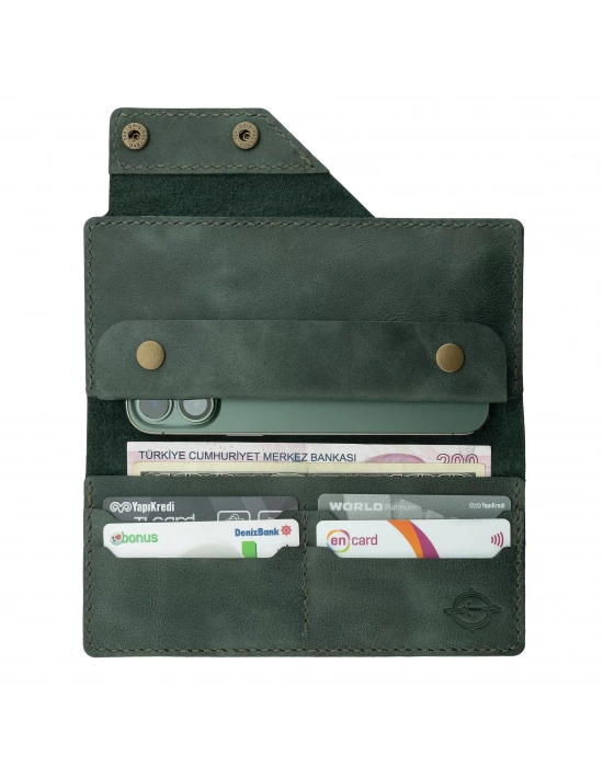 İsme Özel Dikey Çıtçıtlı Uzun Cüzdan - %100 Rainbow Deri - A010006 - Haki