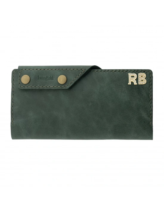 İsme Özel Dikey Çıtçıtlı Uzun Cüzdan - %100 Rainbow Deri - A010006 - Haki