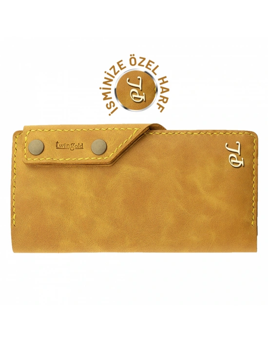 İsme Özel Dikey Çıtçıtlı Uzun Cüzdan - %100 Rainbow Deri - A010006 - Hardal Sarısı