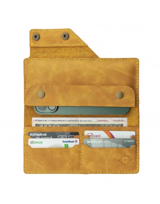 İsme Özel Dikey Çıtçıtlı Uzun Cüzdan - %100 Rainbow Deri - A010006 - Hardal Sarısı