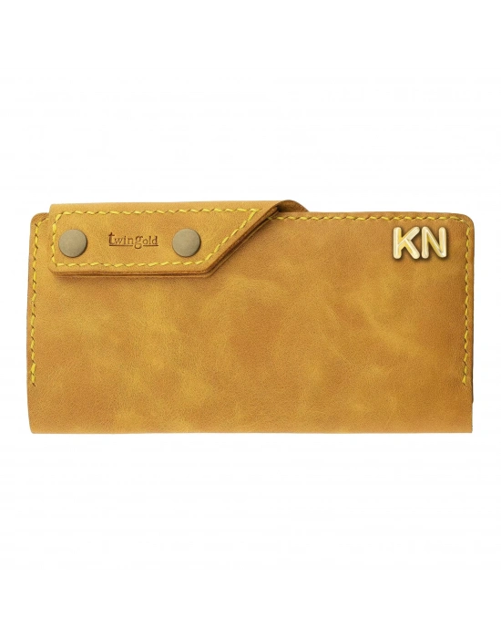 İsme Özel Dikey Çıtçıtlı Uzun Cüzdan - %100 Rainbow Deri - A010006 - Hardal Sarısı