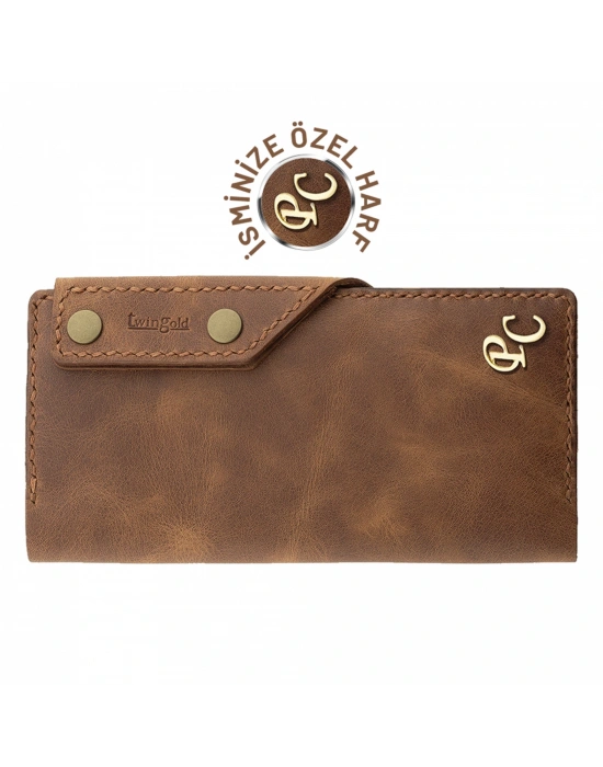 İsme Özel Dikey Çıtçıtlı Uzun Cüzdan - %100 Rainbow Deri - A010006 - Kahverengi