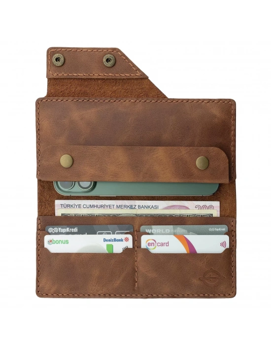 İsme Özel Dikey Çıtçıtlı Uzun Cüzdan - %100 Rainbow Deri - A010006 - Kahverengi