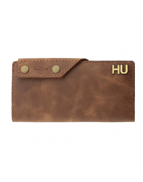 İsme Özel Dikey Çıtçıtlı Uzun Cüzdan - %100 Rainbow Deri - A010006 - Kahverengi