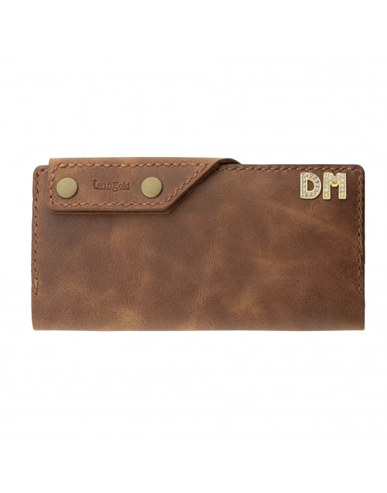 İsme Özel Dikey Çıtçıtlı Uzun Cüzdan - %100 Rainbow Deri - A010006 - Kahverengi