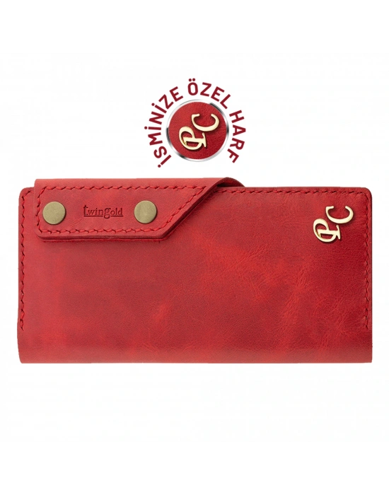 İsme Özel Dikey Çıtçıtlı Uzun Cüzdan - %100 Rainbow Deri - A010006 - Kırmızı