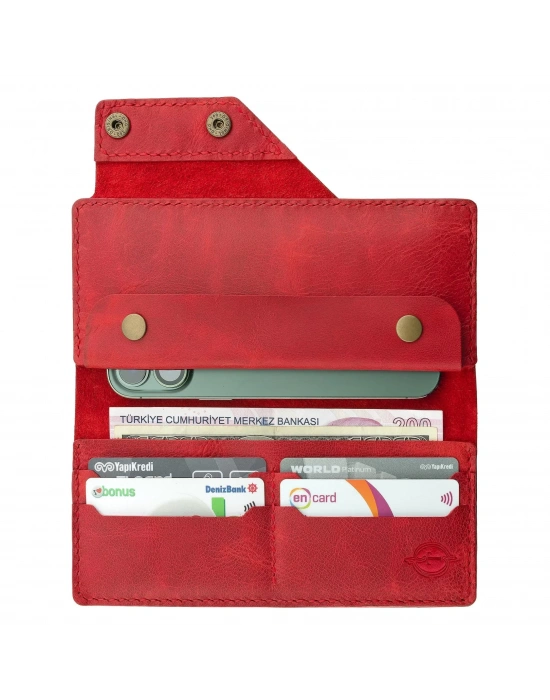 İsme Özel Dikey Çıtçıtlı Uzun Cüzdan - %100 Rainbow Deri - A010006 - Kırmızı