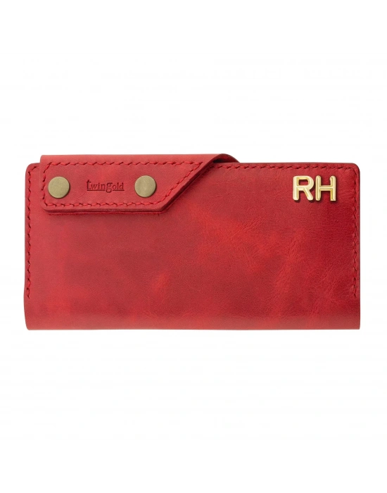 İsme Özel Dikey Çıtçıtlı Uzun Cüzdan - %100 Rainbow Deri - A010006 - Kırmızı