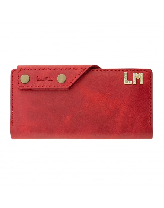 İsme Özel Dikey Çıtçıtlı Uzun Cüzdan - %100 Rainbow Deri - A010006 - Kırmızı