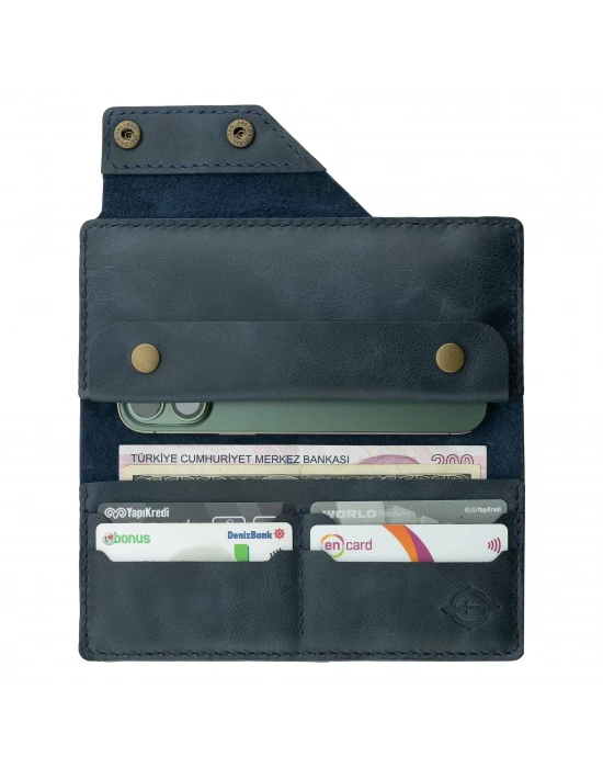 İsme Özel Dikey Çıtçıtlı Uzun Cüzdan - %100 Rainbow Deri - A010006 - Lacivert