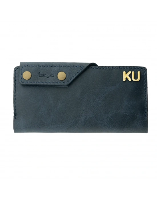 İsme Özel Dikey Çıtçıtlı Uzun Cüzdan - %100 Rainbow Deri - A010006 - Lacivert