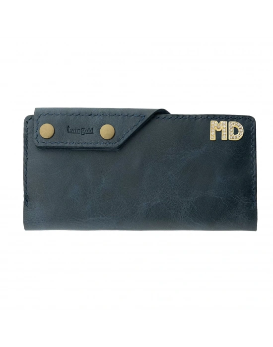 İsme Özel Dikey Çıtçıtlı Uzun Cüzdan - %100 Rainbow Deri - A010006 - Lacivert