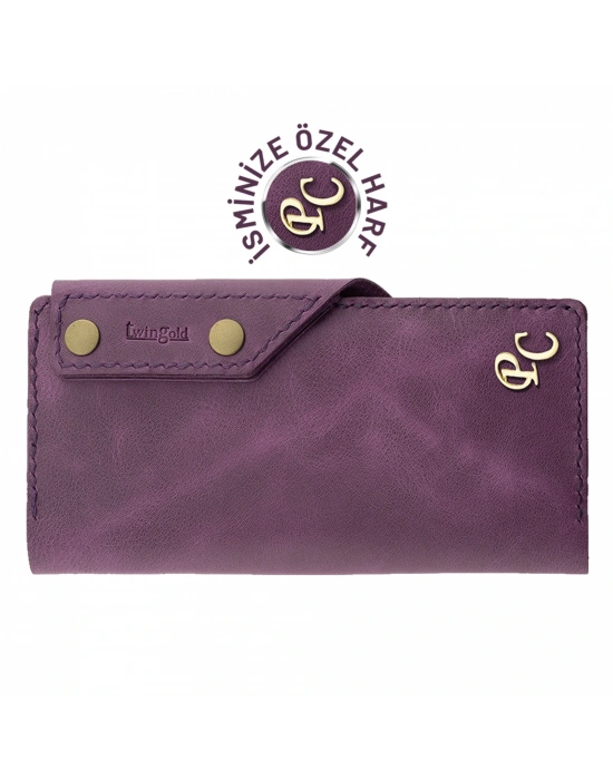 İsme Özel Dikey Çıtçıtlı Uzun Cüzdan - %100 Rainbow Deri - A010006 - Mor