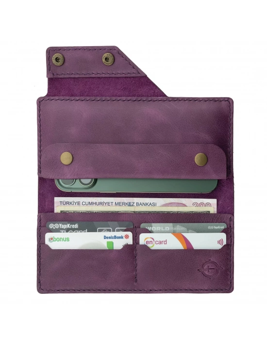 İsme Özel Dikey Çıtçıtlı Uzun Cüzdan - %100 Rainbow Deri - A010006 - Mor