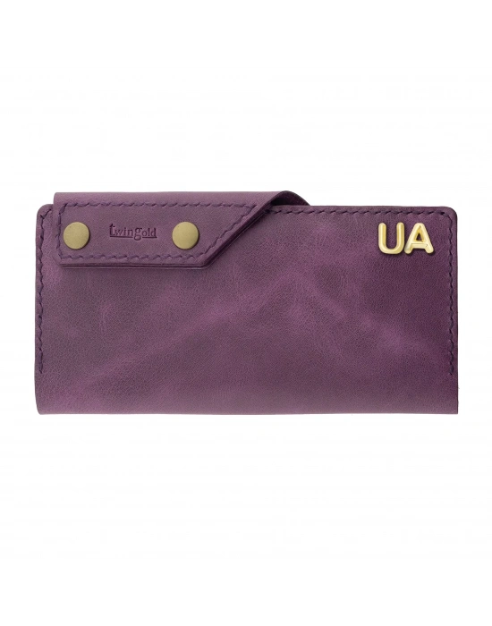 İsme Özel Dikey Çıtçıtlı Uzun Cüzdan - %100 Rainbow Deri - A010006 - Mor