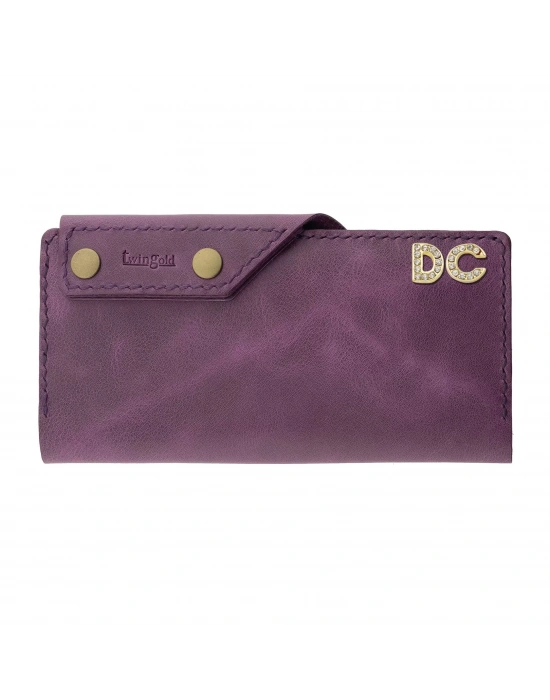 İsme Özel Dikey Çıtçıtlı Uzun Cüzdan - %100 Rainbow Deri - A010006 - Mor